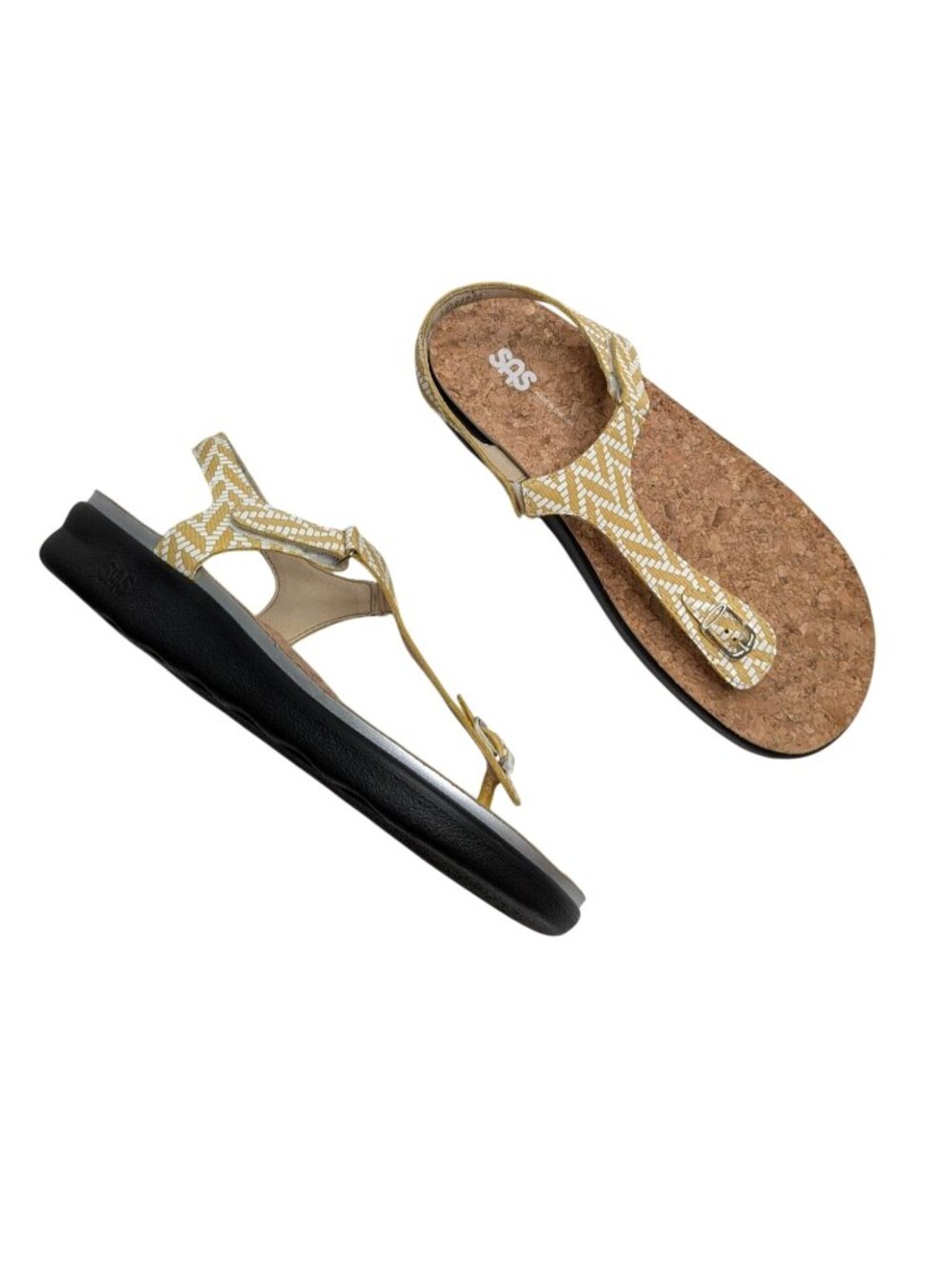 SAS Marina T-Strap Sandals Yellow White Comfort Cork Footbed 10W